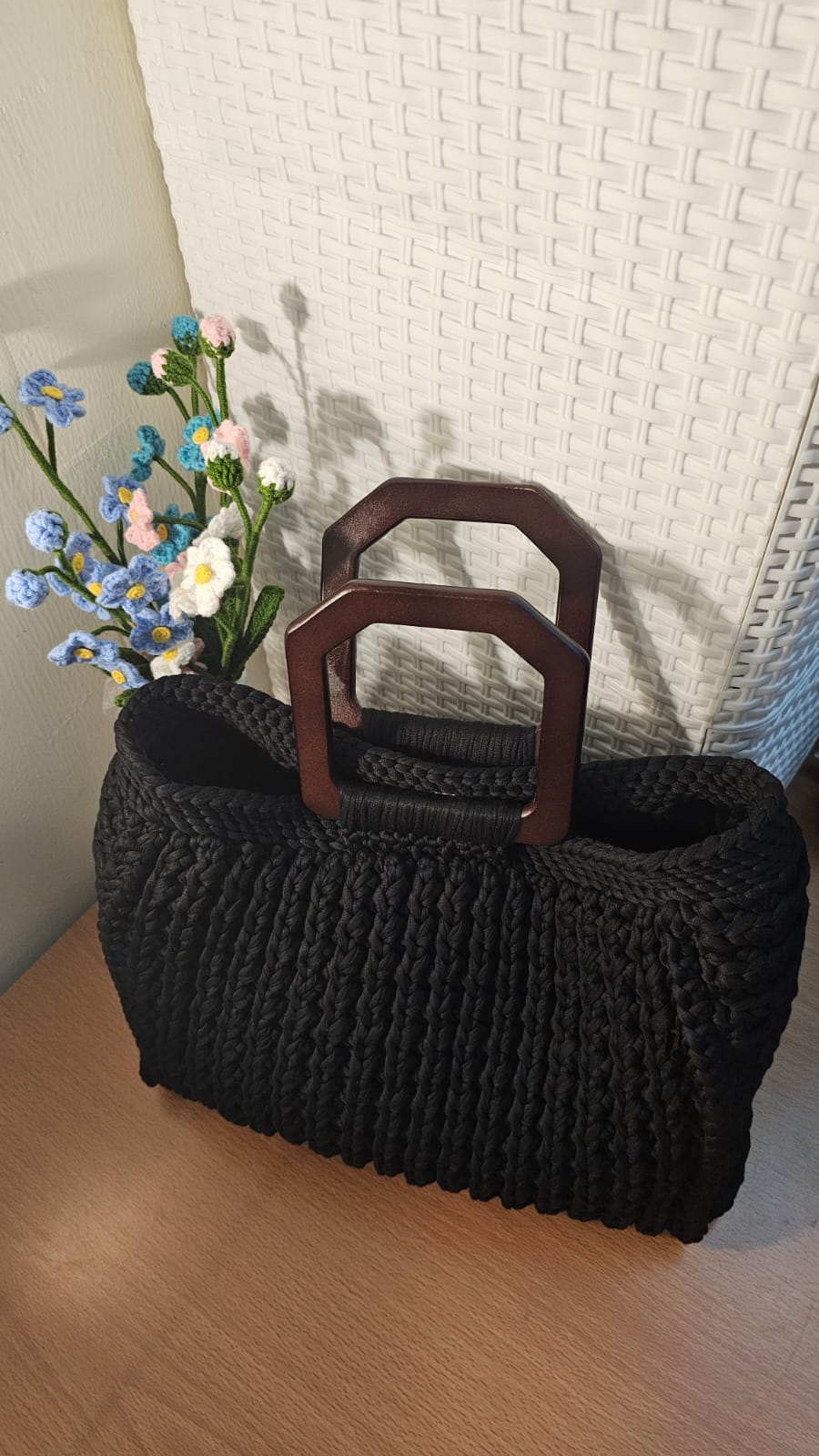 Brown Crochet Handbag with Flower